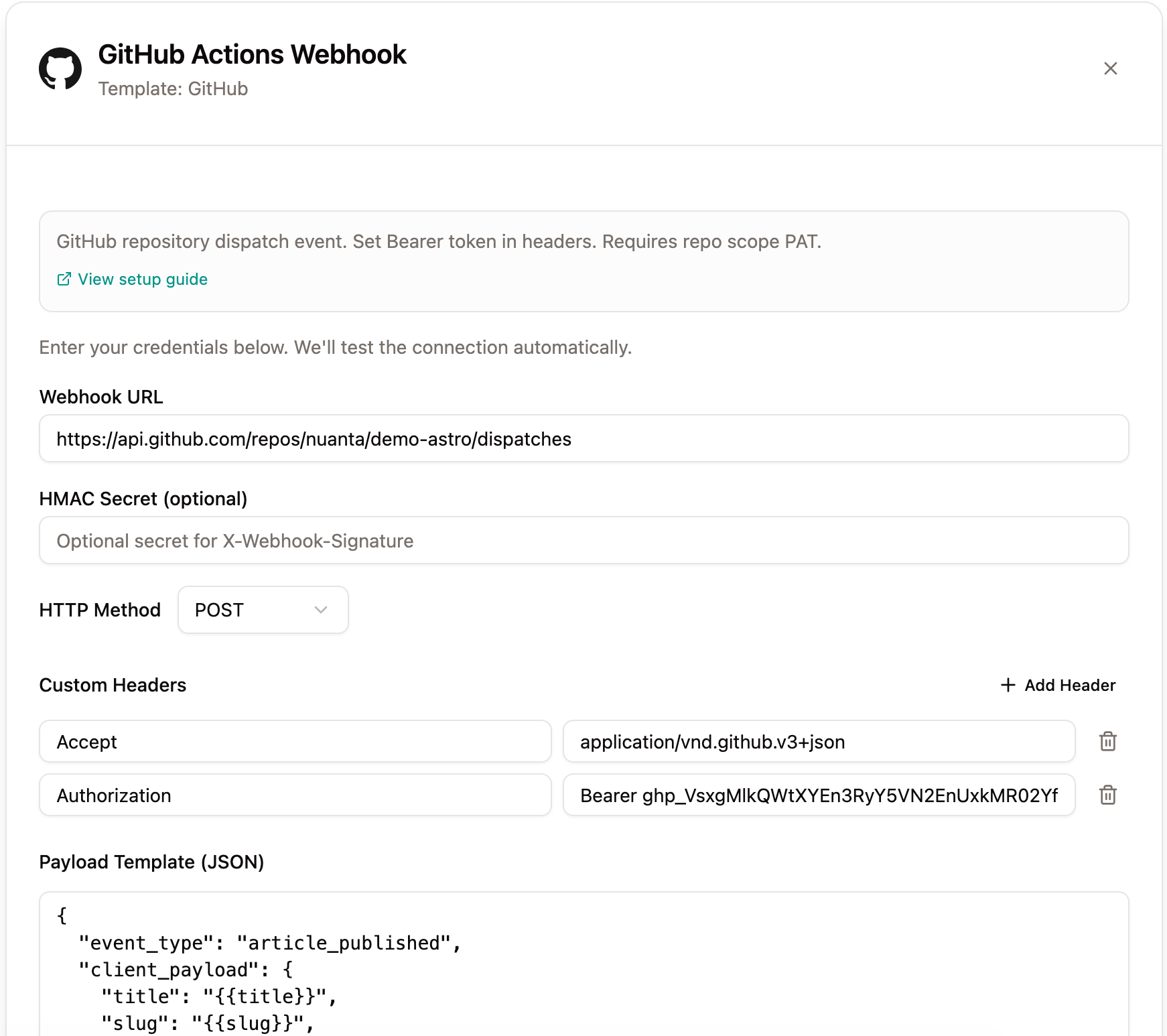 Nuanta GitHub Webhook integration dialog showing the webhook URL, HMAC secret, HTTP method, custom headers (Accept and Authorization), and the JSON payload template.