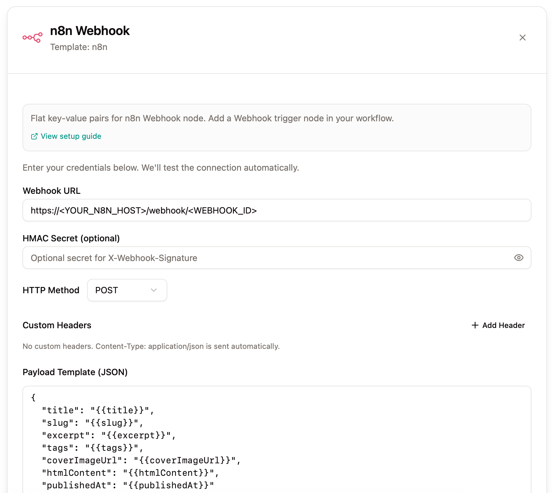 Nuanta n8n Webhook integration dialog showing the webhook URL, HTTP method, and the JSON payload template.